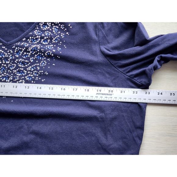 TOP/BLOUSE-QUACKER FACTORY-Navy Blue-V-Neck-Rhinestones-Studs-3/4 Sleeve-XL - Picture 10 of 14